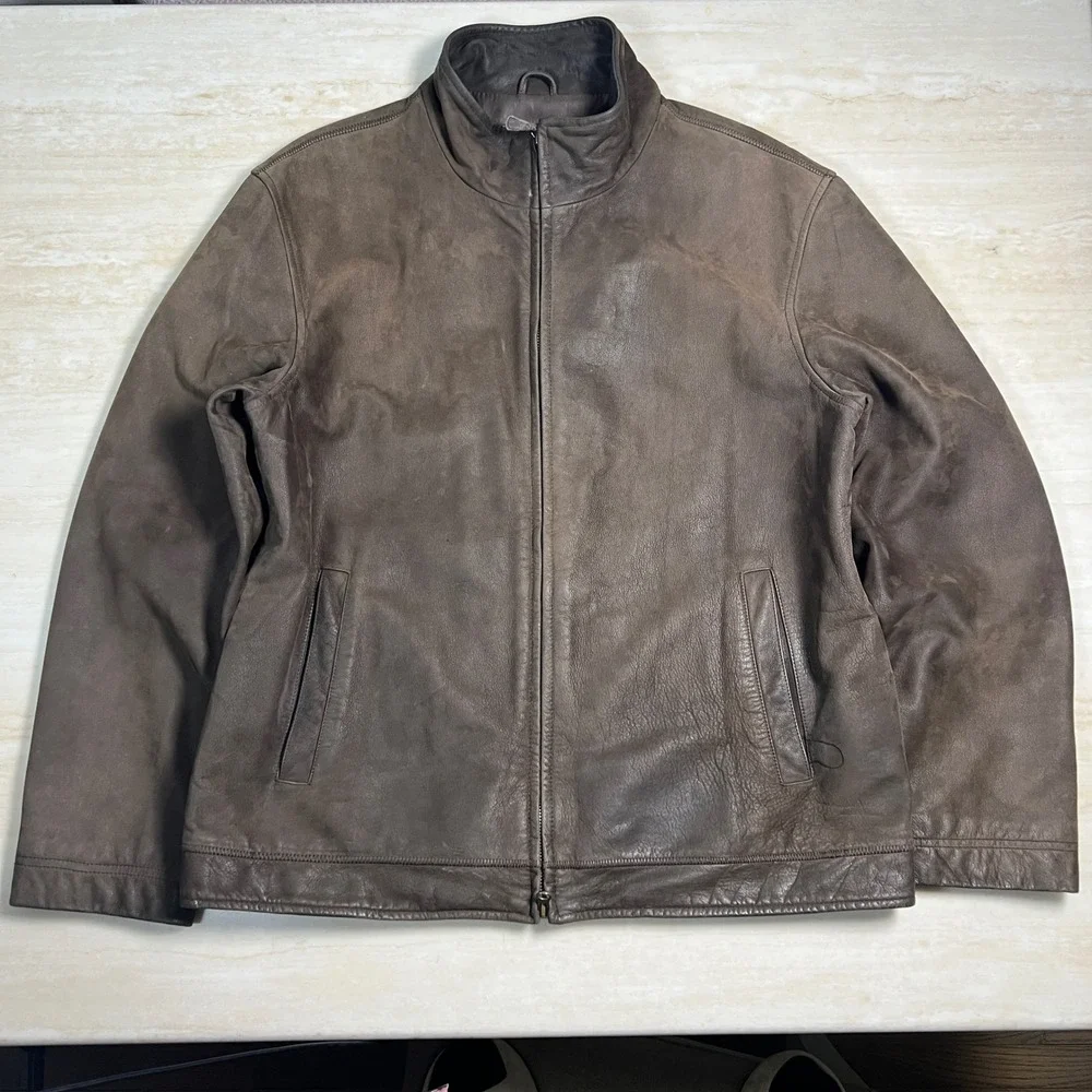 Tommy Hilfiger Mens Brown Leather Jacket Full Zip Mock Neck Coat Size Large